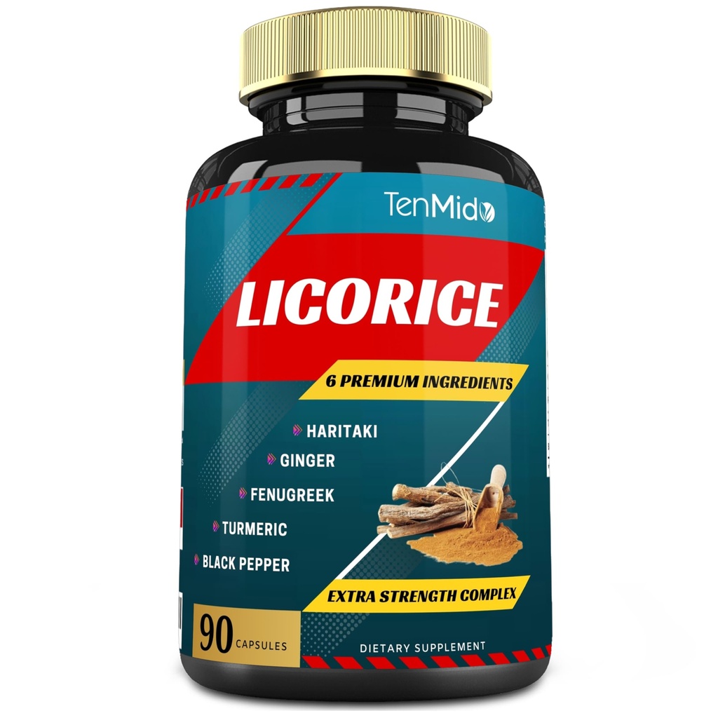 Licorice Extract Capsules met Kurkuma, Gember, Fenegriek, Haritaki, Black Pepper - Ondersteuning spijsverteringsfunctie - 90 Caps, 3 maanden levering