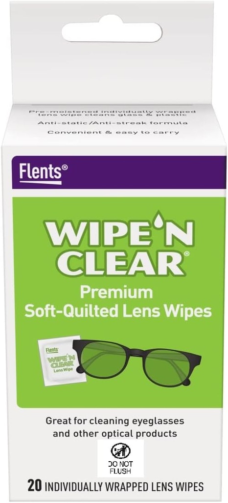 Flents Lens Wipes, Veeg 'N Clear, 20 Graaf, Voorbevochtigd, Streak-Free, Veilig voor Glazen, Anti-Fog, Voorzichtig Schoonmaken, Clear Vision, Individually Wrapped for Travel & Convenience, Made in the USA