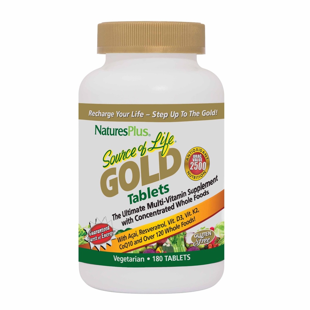 Natures Plus bron van leven Gold Multivitamine - 180 tabletten - Blood Support, Bone Support, Healthy Immune System - Omvat vitamines D3, B12, K2 & meer dan 120 Whole Food Nutriënten - 60 porties