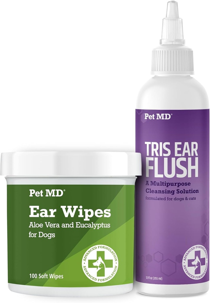 Huisdier MD Hondenoor Reiniging Wipes met Aloë en Eucalyptus + Veterinaire Tris Flush Cat & Hondenoor Cleaner