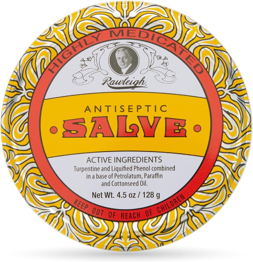 Rawleigh Antiseptisch Salve Iconic Yellow Big Tin: 4,5 oz, Natuurlijke, Multi-Purpose Zalf Verzacht huid Cuts, Kneuzingen, Irritaties, met Turpentine, Fenol, Katoenzaadolie, Originele Formule - Verpakking van 1