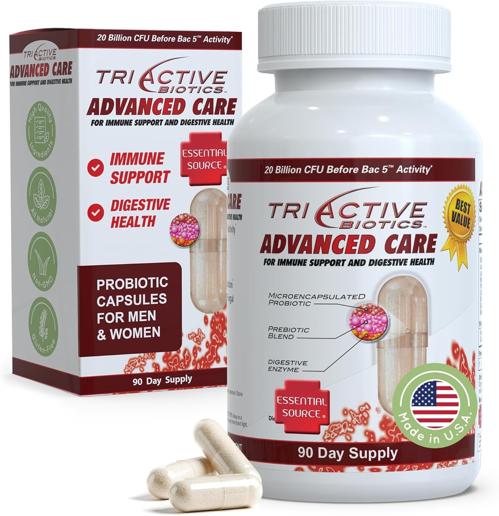 Essential Source TriActive Biotics Advanced Care - 20 miljard CFU Probiotica voor spijsverteringsgezondheid, Immune Support Supplement, Microencapsulated Probiotica voor vrouwen & mannen, 90 Ct Capsules