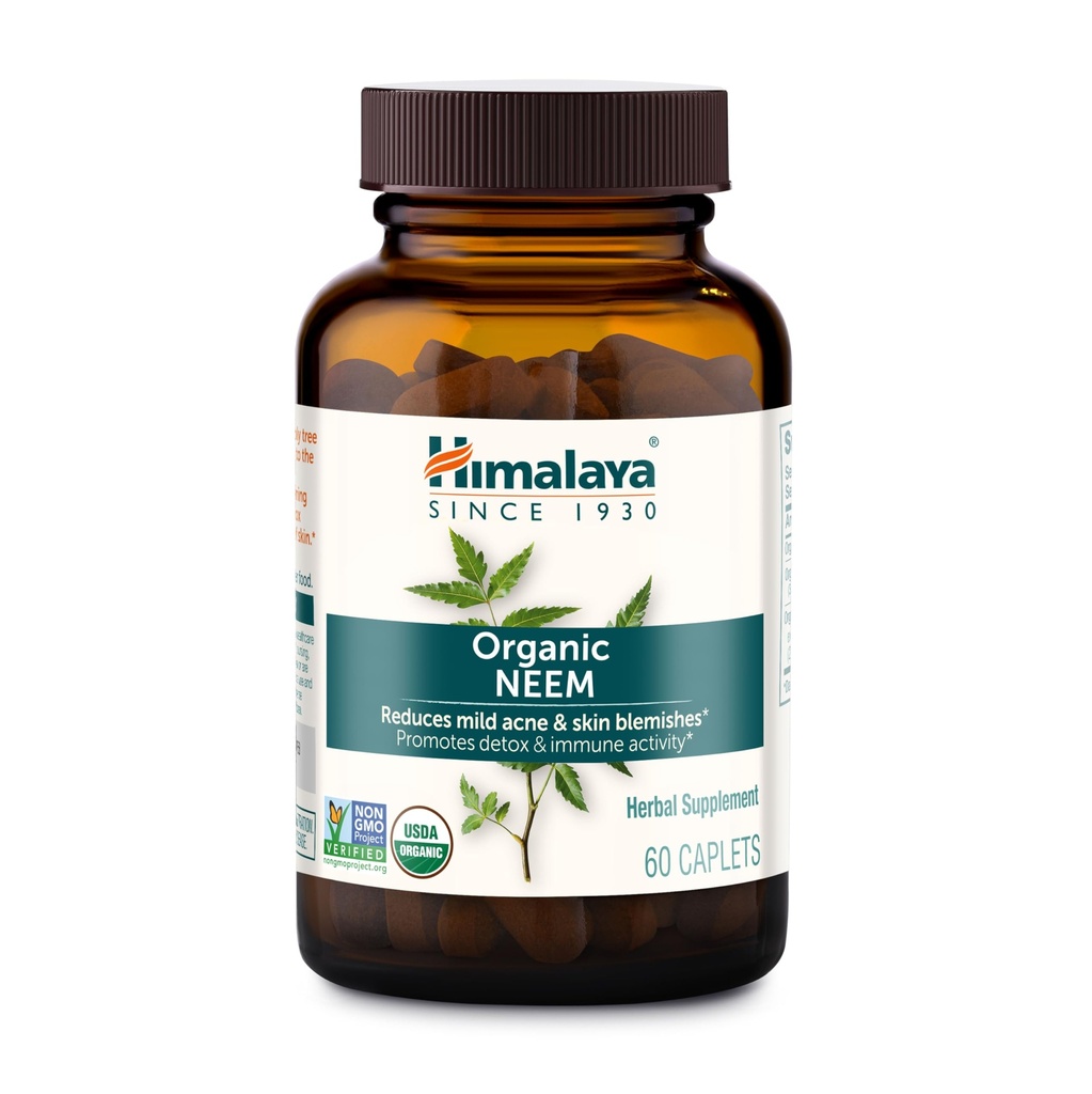 Himalaya Biologische Neem, 60 dagen levering - Herbal Acne Supplementen met Heldere huid en ontgifting - USDA Biologische, Veganistische, Non-GMO, Glutenvrij, 600 mg, 60 Capletten