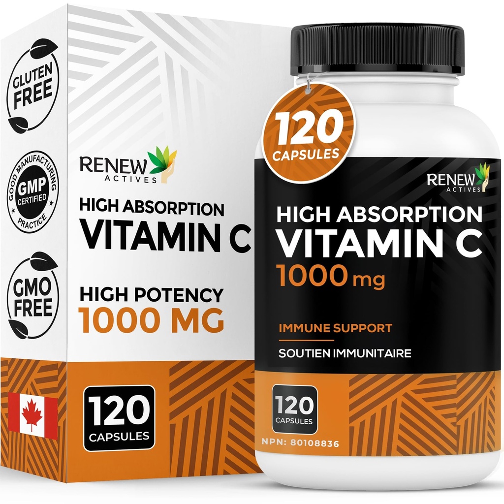 RENEW ACTIVES Maximale sterkte Vitamine C 1000MG per portie Antioxidant & Immune Booster voor de algehele gezondheid, botten, tanden & goms, niet-GMO, suikervrije, 4-maand levering Made in Canada 120 Capsules