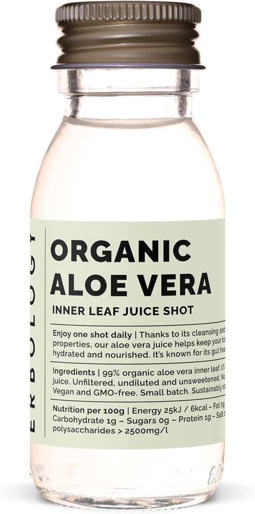 Erbologie Biologische Aloë Vera Juice 12 Dagelijkse Shots (2 fl oz) - Immunity Support and Detox - from Inner Leaf - Straight from Farm in Spain - Onverdund - No Added Sugar - Non-GMO - Recyclable Glass Bottle