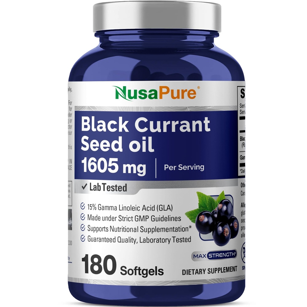 NusaPure Black Currant Seed Oil 1605 mg Gamma Linolzuur (GLA) 15% 180 Softgels (Non-GMO, Soyfree)
