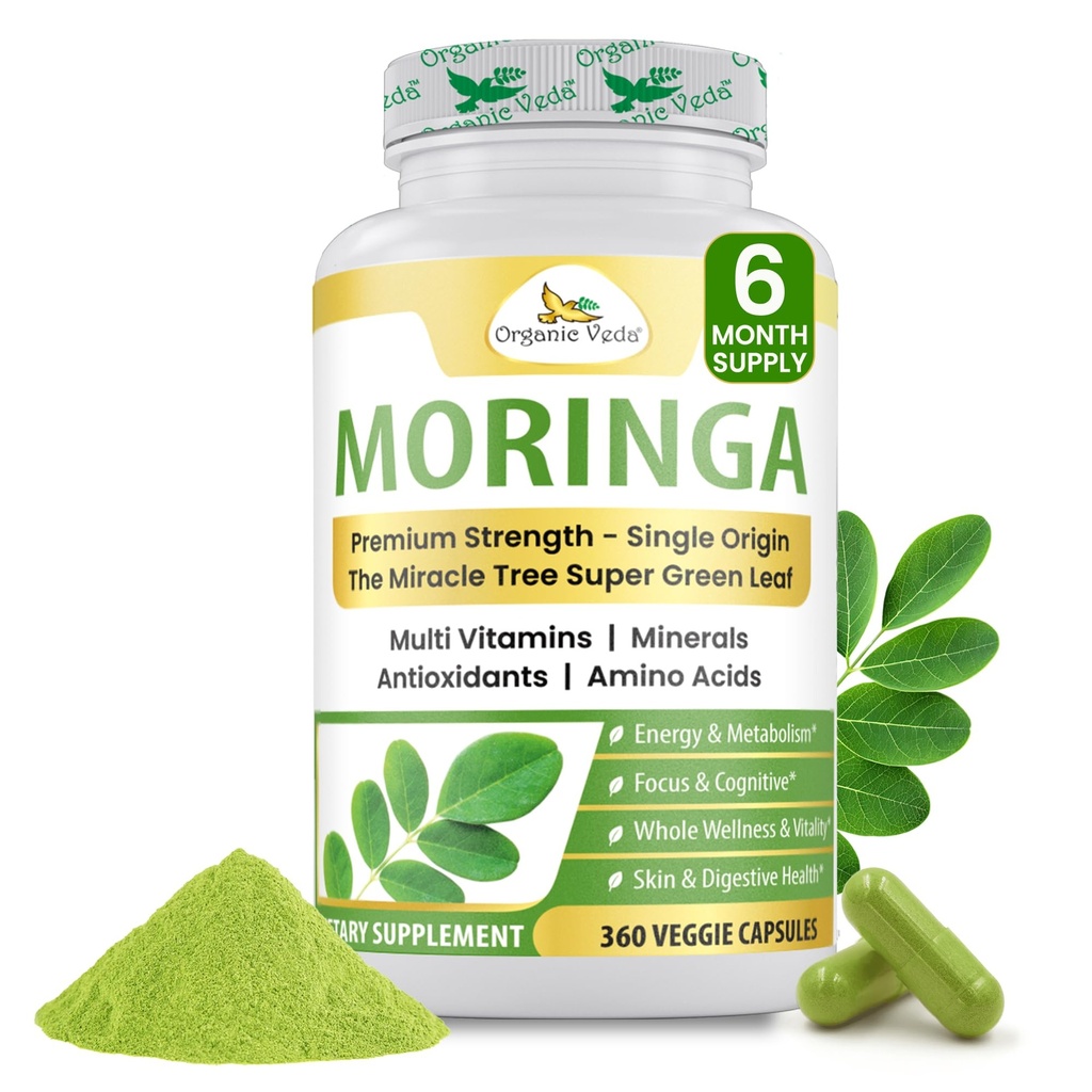 Biologische Veda Moringa Leaf Powder Capsules, 1000mg, 360 Telling - True Green Native Organic Moringa Oleifera, Premium Strength Nutriënt Dense 100% Pure Leaves - Energie, Slaap & Immunity Ondersteuning - Vegan