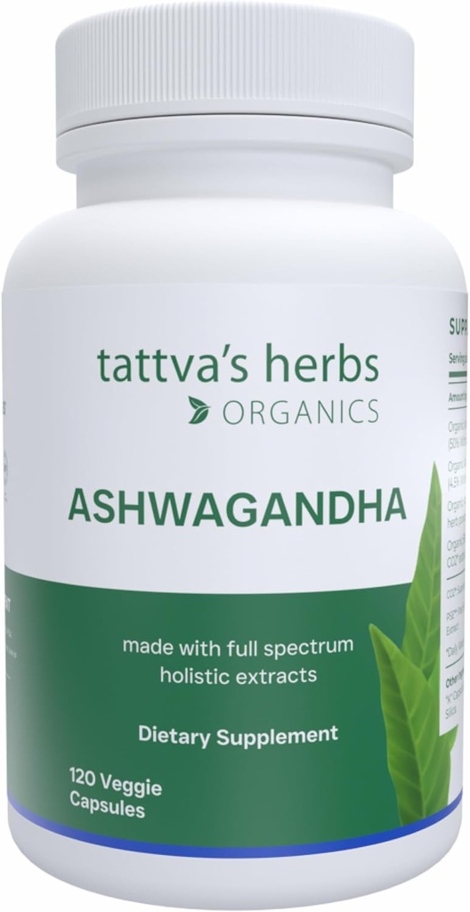 Tattva's Kruiden Biologische Ashwagandha Capsules Supplement, 2 maanden Levering, 120 Veggie Capsules