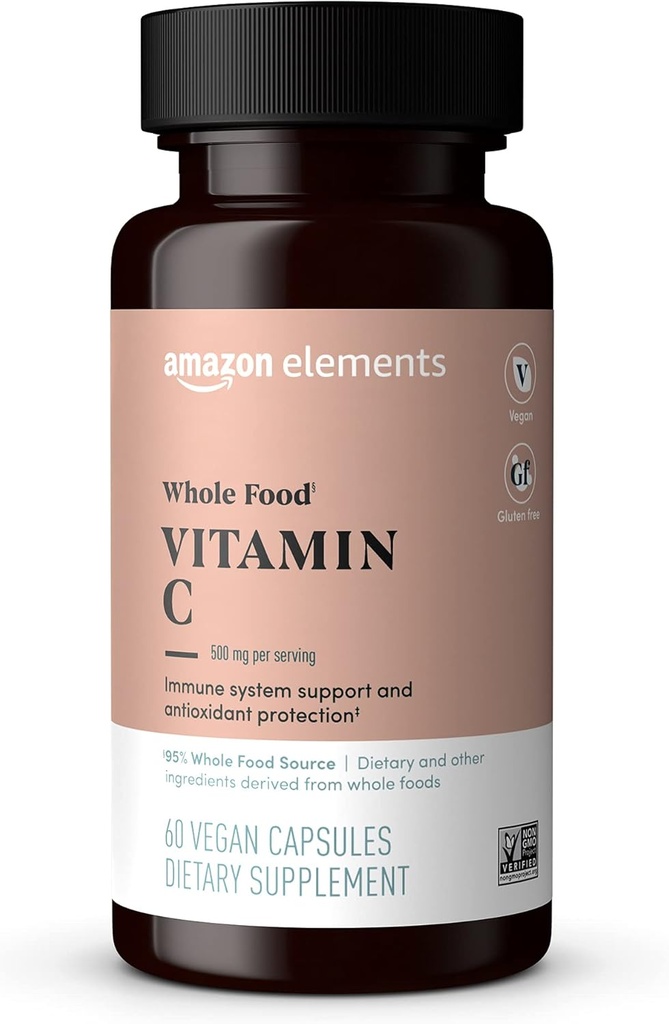 Elementen - Whole Food Vitamine C, 95% Whole Food Source, Dieet en andere ingrediënten afgeleid van hele voedingsmiddelen, Niet-GMO geverifieerde ingrediënten, veganistisch gecertificeerd en glutenvrij, 60 capsules