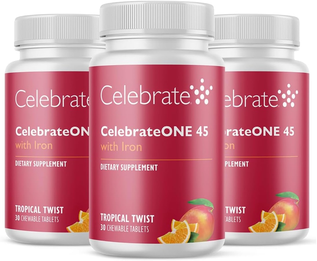 Vier vitamines CelebrateONE 45 Kauwtabletten, 45 mg ijzer - Eenmaal daags Bariatrische multivitamine, essentiële vitaminen en mineralen - Gastric Bypass & Sleeve Gastrectomie Supplement - Tropisch (90 tabletten)