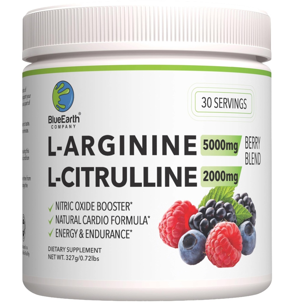 L-Arginine 5000mg + L-Citrulline 2000mg Complex Powder Supplement - Nitric Oxide Booster - Heart Health, Blood Flow, Energy & Endurance - 30 Servings (Berry Blend)