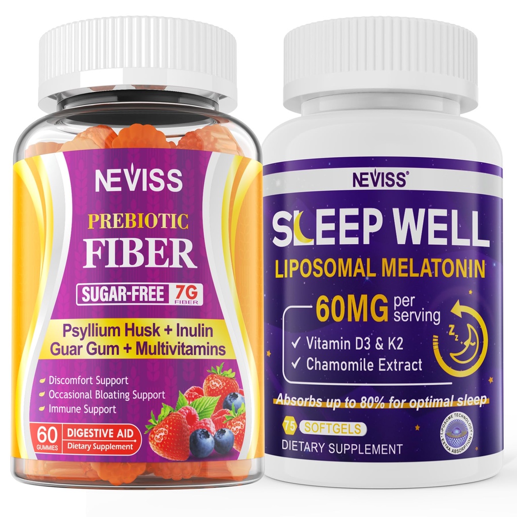 NEVISS Prebiotic Fiber 7G Gummies voor volwassenen + Melatonine 60mg voor volwassenen bundel