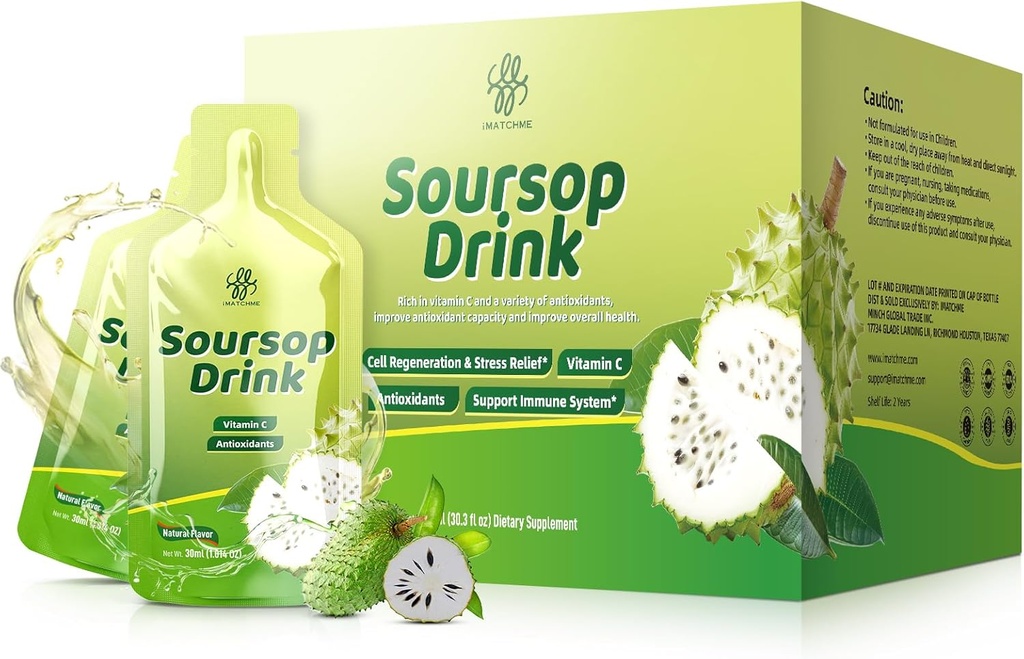 iMATCHME Soursop Bitters Liquid, Soursop Drink met Graviola Fruit Extract en Vitamine C voor Cell & Immune Support, Antioxidanten en Digestieve Gezondheid, Natuurlijke Smaak, 30 oz (30 Packets)