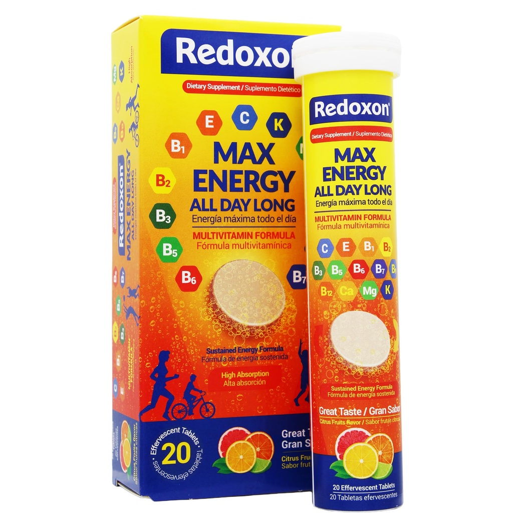 Redoxon Max Energy, helpt ondersteuning Inmune System, Citrus smaak, 20 Bruistabletten, 2,82 Oz, Box