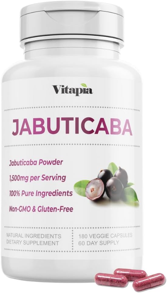 Vitapia Jabuticaba Fruitpoeder Supplement voor Antioxidant, Betere Long Gezondheid, Vertering, Immuun Ondersteuning - 1500mg Per Serving - 180 Vegan Capsules, Non-GMO, Glutenvrije