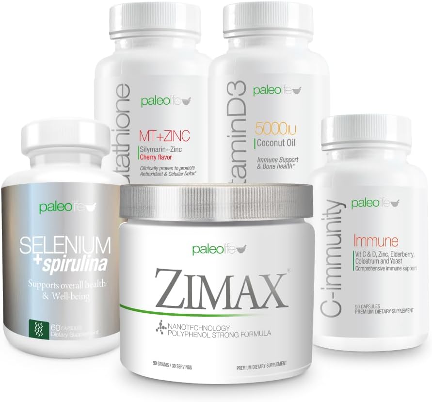 Premium maximale defensiewaarde Kit: Deze 5 Premium Supplementen en Vitaminen kit bevat: Zimax, Selenium + Spirulina, Glutathion MT + Zink, Vitamine D3 en C-Imm.