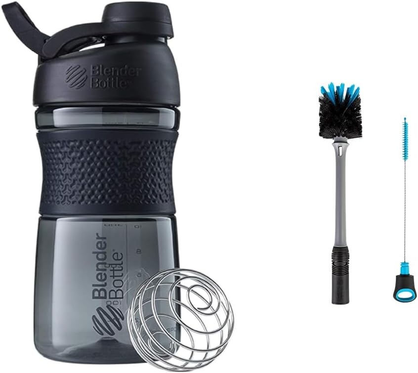 BlenderBattle SportMixer Shaker Bottle Perfect voor eiwitshakes en pre-workout, 20-Ounce, Black & 2-in-1 Shaker Bottle and Straw Cleaning Brush, 1 Pack,Gray