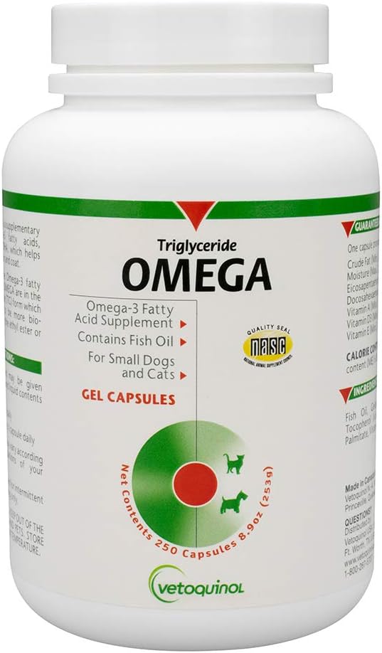 Vetochinol triglyceride Omega 3 Supplement voor honden en katten, visolie supplement met EPA en DHA, bevordert huid, jas, gezamenlijke, en immuungezondheid, Omega 3 Visolie voor honden en katten tot 30lbs, 250ct