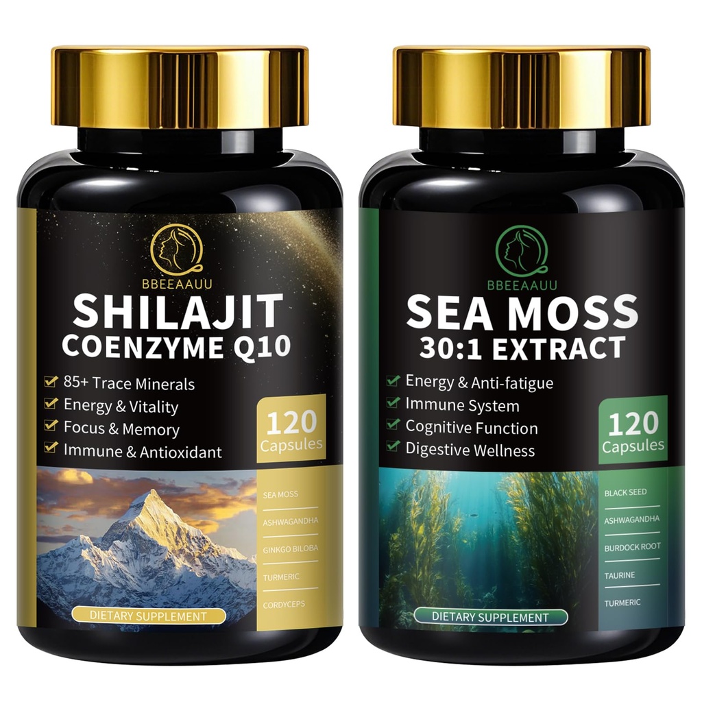 Shilajit voor mannen, zeemoss en Shilajit Bundle, Alle in 1 Supplementen met Coenzyme Q10, Black Seed, Ashwagandha, Taurine, Burdock voor energie, Endurance, Antioxidant & Immune Support, 240 Capsules