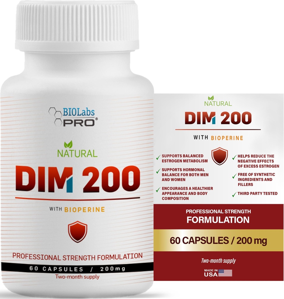 DIM Supplement voor vrouwen en mannen, DIM 200mg Oral Supplement Hormonale Balance, Hormone Balance voor vrouwen en mannen, Diindolylmethaan Glutenvrije Vegetarische Twist Capsules (60 Caps - 2-maands levering)
