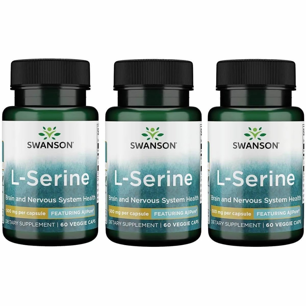 Swanson Ajipure L-Serine - Aminozuursupplement ter ondersteuning van hersengezondheid en zenuwstelselfunctie - natuurlijke formule ter bevordering van cognitieve functie - (60 Veggie Capsules, 500mg Each) (3 Pack)