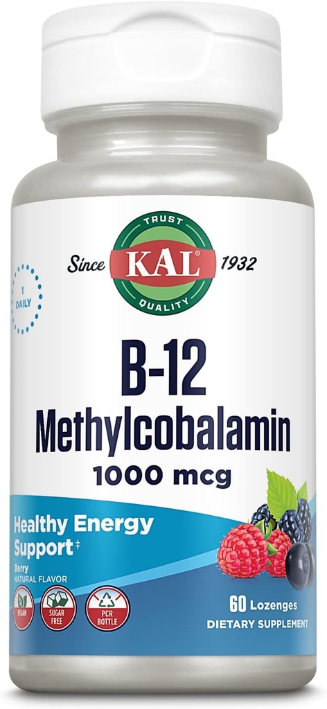 KAL Vitamine B-12 Methylcobalamine Lozenges 1000mcg, gezonde energie, Metabolisme, zenuw- en rodebloedcelondersteuning,* Optimale absorptie, natuurlijke Bessensmaak, Veganistisch, Suikervrij, 60 Servers, 60 Lozen