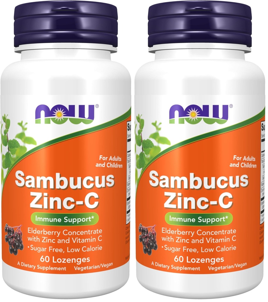 NOW Supplementen, Sambucus zink-C met vlierbessenconcentraat en vitamine C, 60 Lozen (verpakking van 2)