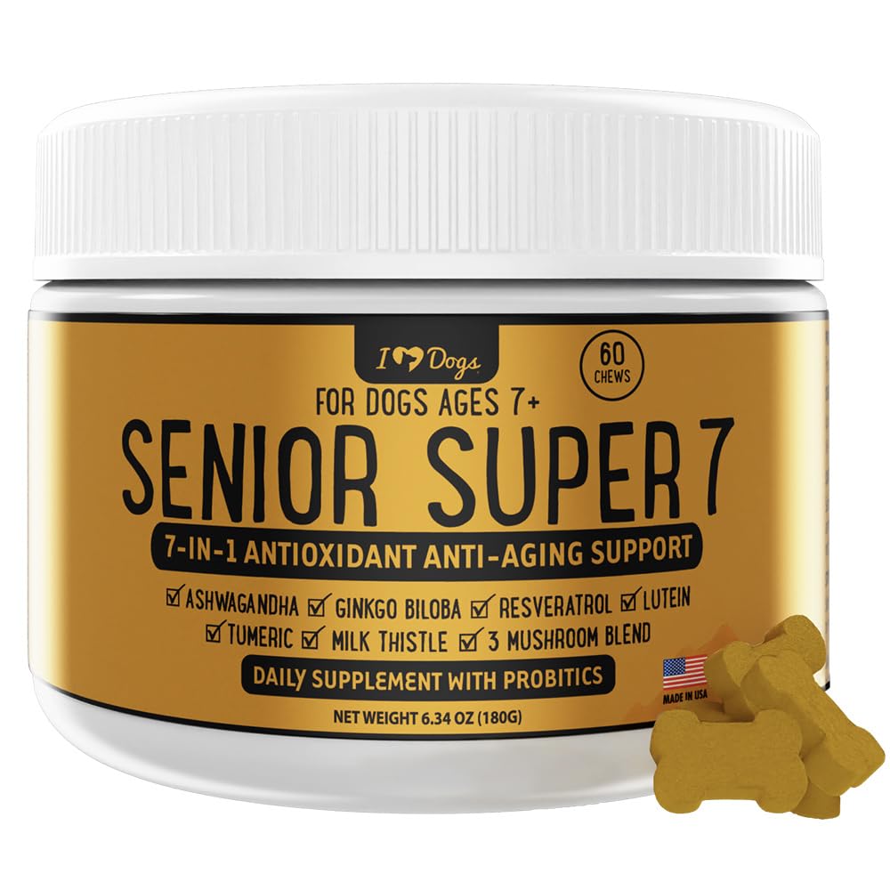 iHeartDogs Senior Super 7 Daily Dog Multivitamine - 7-in-1 Vitamine voor honden Ondersteunt Anti-Agen met Antioxidanten, Probiotica, Lion's Mane, Turkije staart, & Ashwagandha voor de levensduur & Cognitive Boost