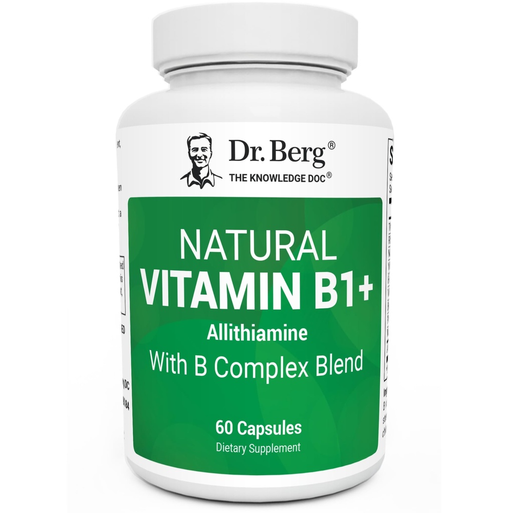 Dr. Berg Natural Vitamin B1 B6 B12 Complex - Allithiamine Vitamin B1 Supplement with 8 Essential Vitamin B Complex for Men & Women Including Thiamin, Niacin, Folate, Magnesium & More - 60 Capsules