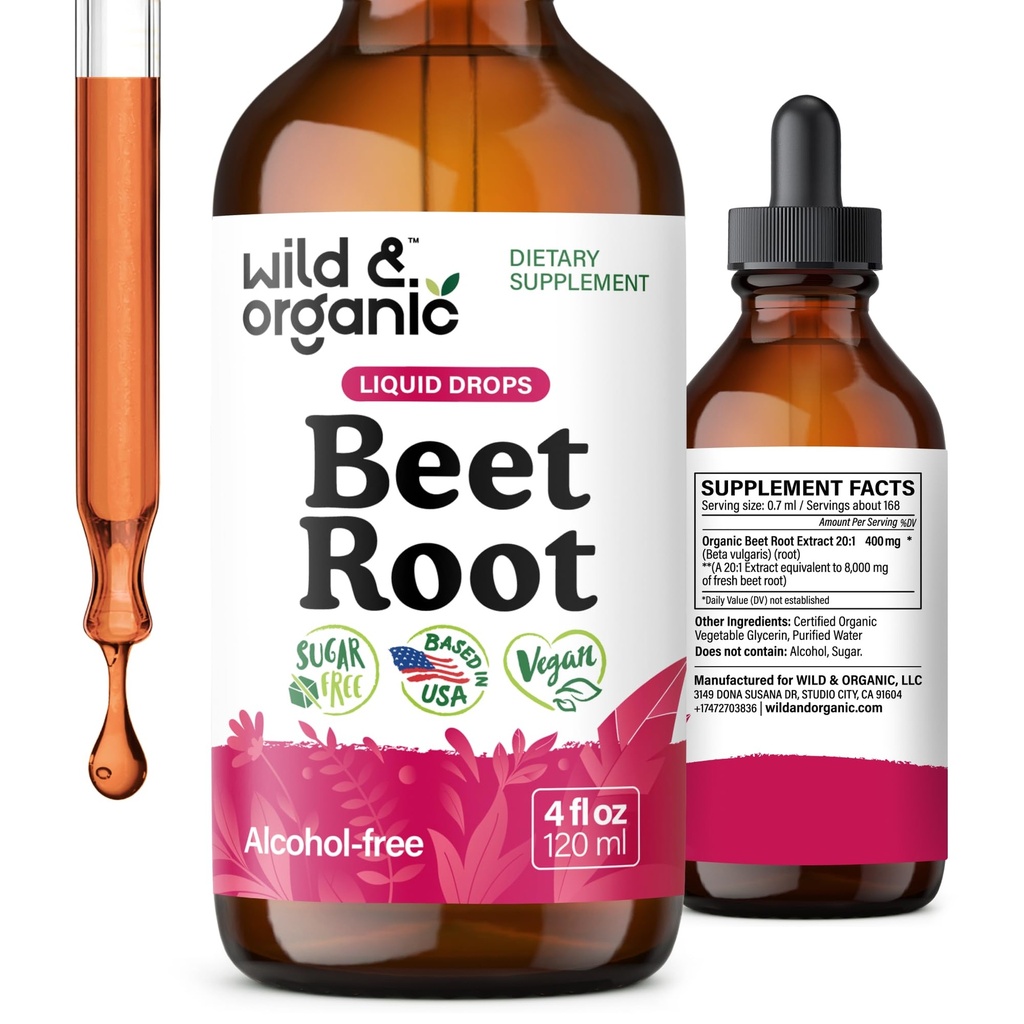 Wild & Organic Beet Root Extract Drops - 8000 mg vers bietenextract Equivalent - Extract 20:1 - vloeibare rode bietensupplementen - 400 mg per portie - veganistisch, alcohol & suikervrije - 4 fl oz