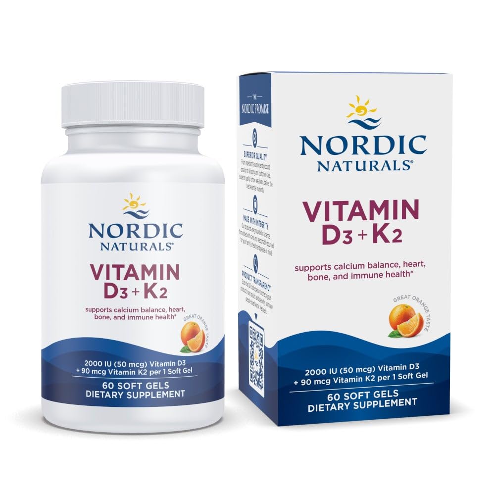 Nordic Naturals Vitamin D3 + K2, Orange Taste - 60 Zachte Gels - Synergistische ondersteuning voor botten, immunofunctie en calciumbalans - Non-GMO - 60 porties