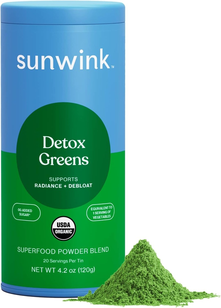 Sunwink Detox Powdered Greens - Organic Greens SuperFood Powder for Debloat - Super Greens Powder w/Celery, Dandelion, Spirulina - Daily Greens Powder for Gentle Detox - 4,2 oz (20 Servings)