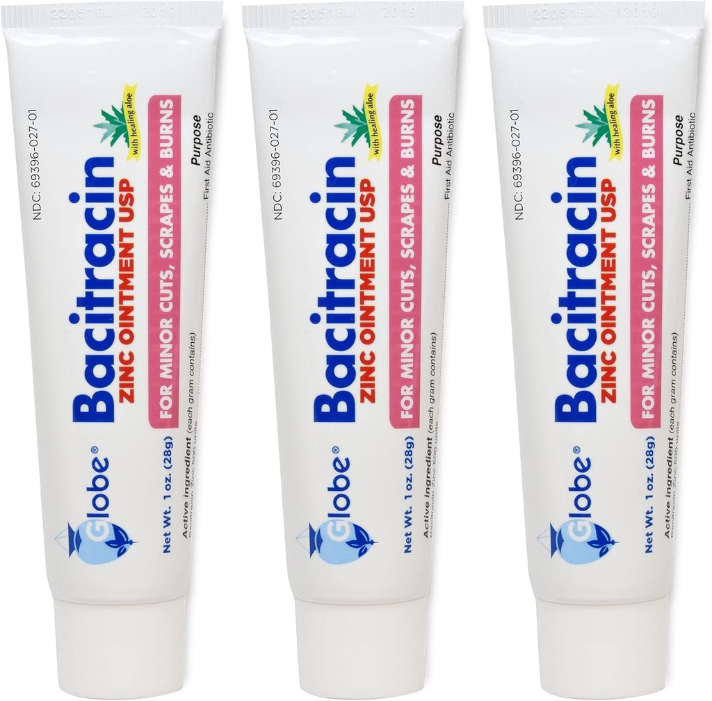 Globe (3 Pack) Bacitracine Zink Zalf + Aloë 1oz - Maximale sterkte Antibiotica voor Wond Genezing - Topical Medicinal Solution for Cuts, Burns, Scrapes - Skin Infection & First Aid Essentials