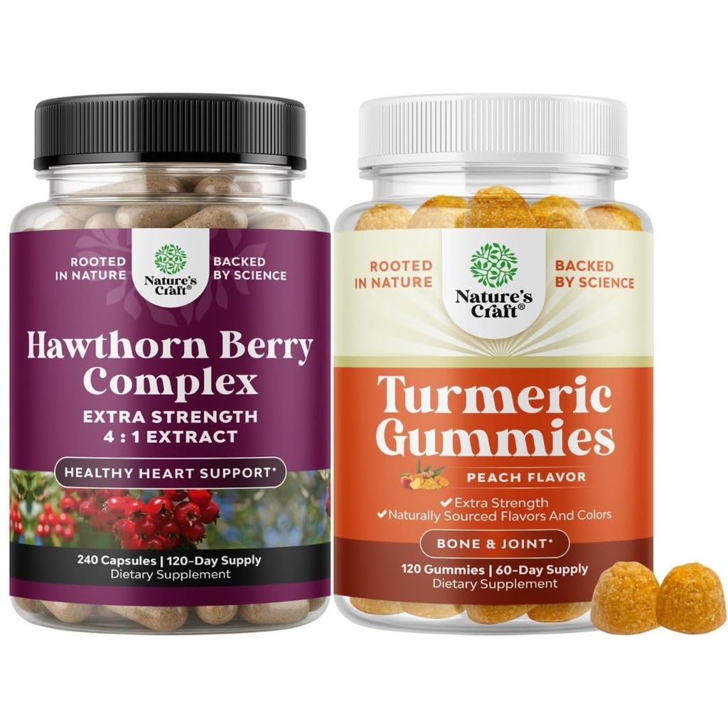Bundel van extra sterkte Hawthorn Berry Capsules - Extract Digestie en Heart Health Supplement en Kurkuma Gummies voor volwassenen Perzik smaak - Extra sterkte gezamenlijke ondersteuning Gummies