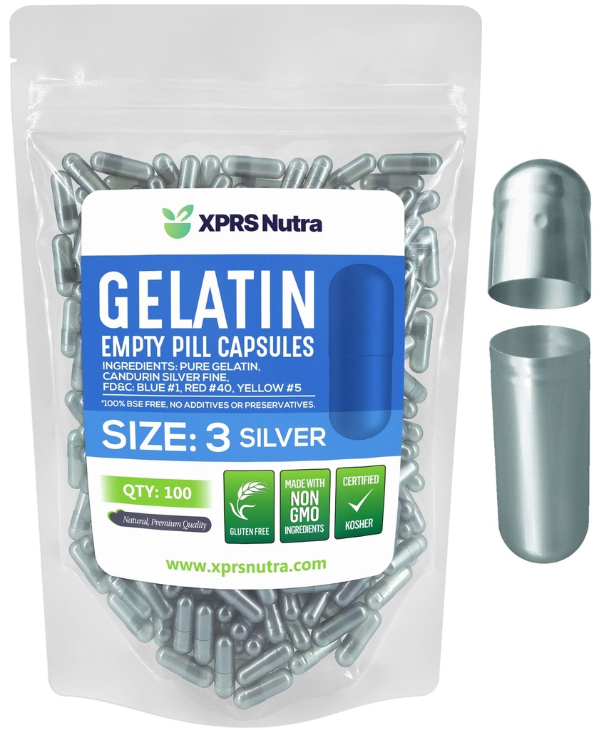 XPRS Nutra Maat 3 Lege Capsules - 100 Telle Lege Gelatine Capsules - Pillen DIY Capsule Vulling - Pure Bovine Pill Gel Caps for Do-It-Yourself Supplements (Zilver)
