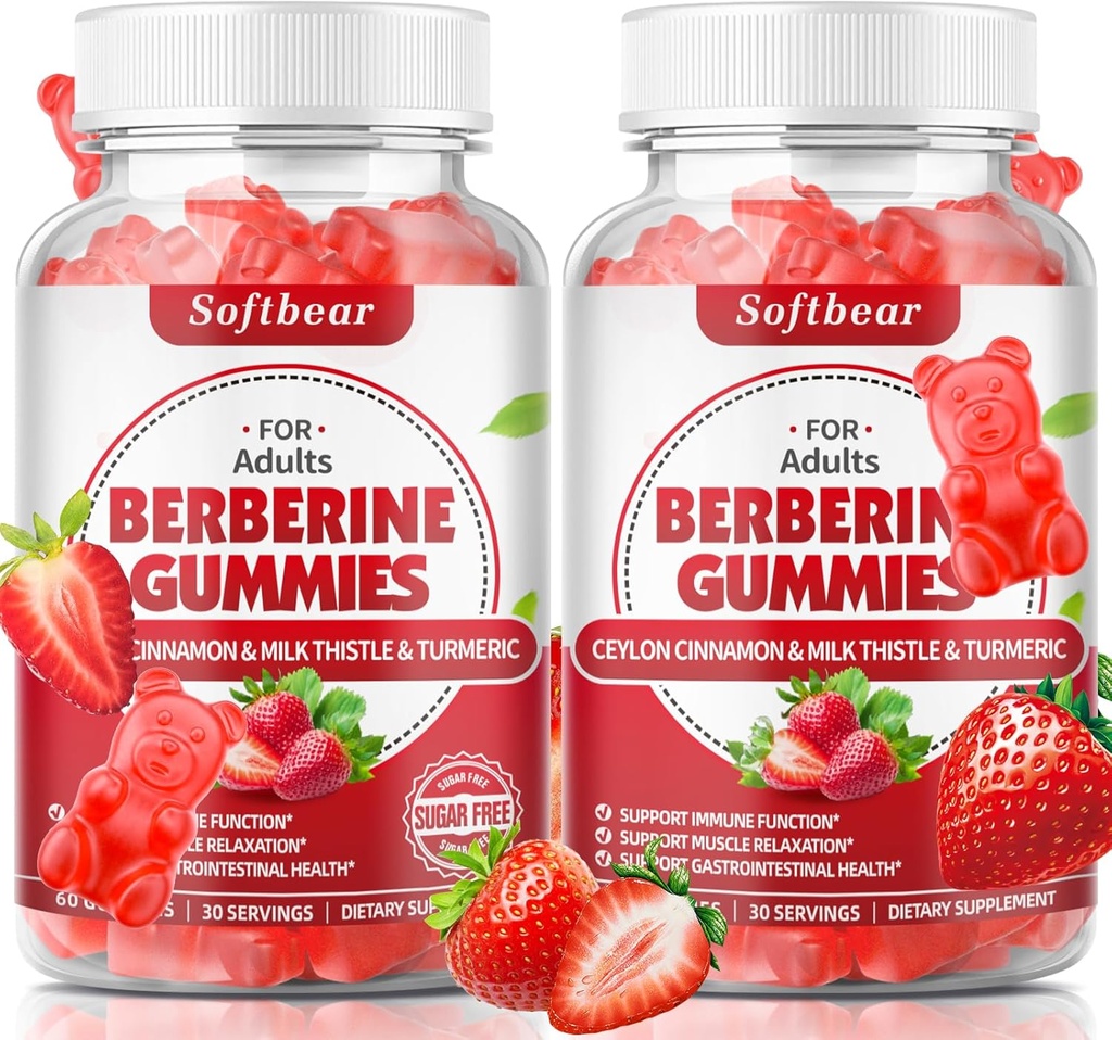 softbear Berberine met Ceylon Cinnamon Gummies Biologische Berberine HCL 1500mg voor Metabolisme Immune Health Suikervrije Berberine Supplementen Aardbei Flavored 120 Tellen