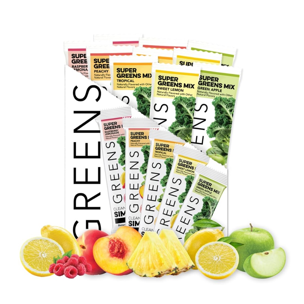 Clean Simple Eats Greens Variety 10 Pack, Greens Powder Mix, verpakt met Superfoods Chlorella & Spirulina, Inclusief 5 heerlijke smaken: Peachy, Green Apple, Raspberry Lemonade, Sweet Lemon & Tropical