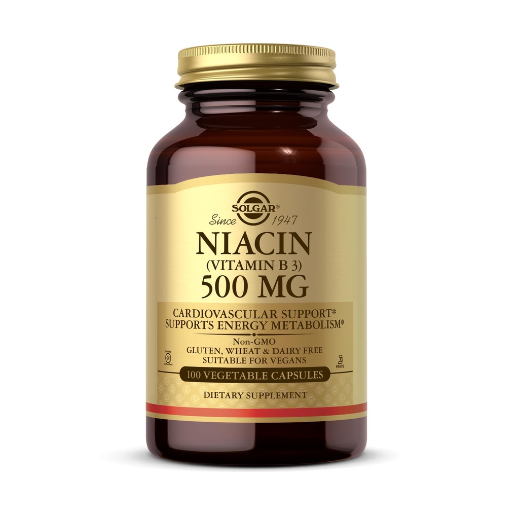 Solgar Niacin (Vitamine B3) 500 mg, 100 plantaardige capsules - Energie Metabolisme - Non-GMO, Veganistisch, Glutenvrij, Zuivelvrij, Kosher - 100 porties