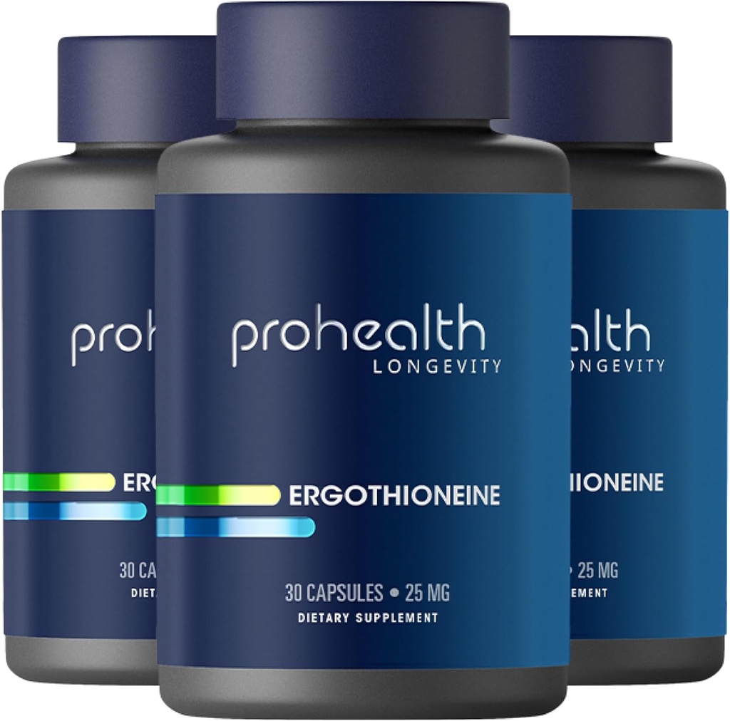 ProHealth Ergothioneine 5X Strength. 25mg Clinical Research Dose. Natuurlijke Amino Acid Mushroom Supplement voor Verbeterde cognitie, Hart Gezondheid. Longevity Vitamine. 25 mg/Serving, 30 porties (3 verpakkingen)