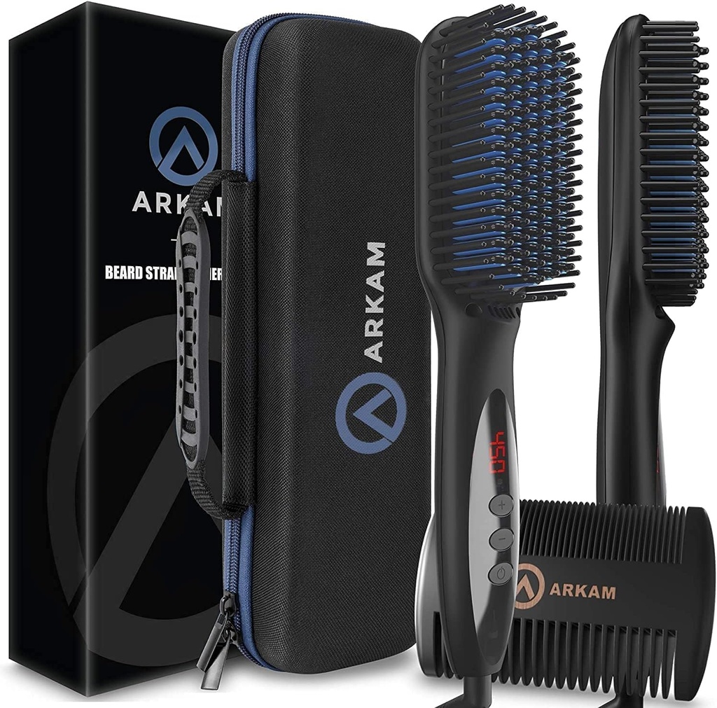 Arkam Baard Straightener voor mannen -Premium Verwarmde baardborstel Kit w/Anti-Scald Feature, Dual Action Hair Comb en Hard Shell Travel Case voor middelgrote tot lange baarden - Kostuum en Grooming Gifts voor mannen