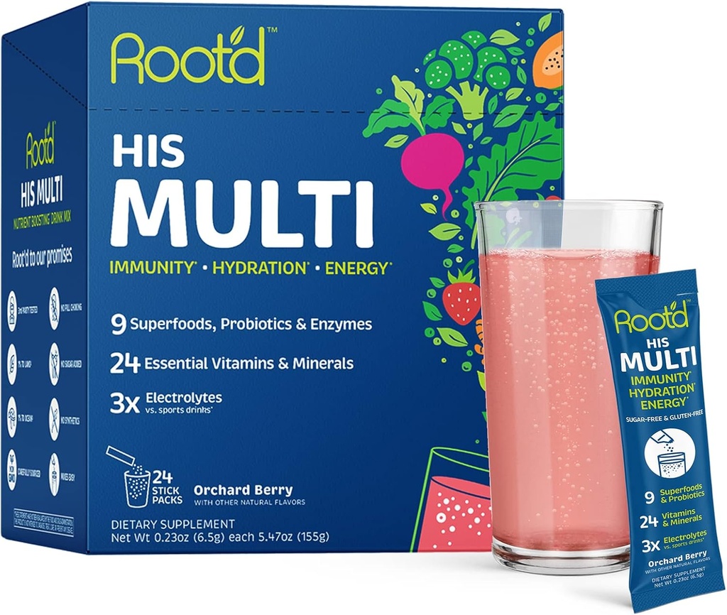 Root'd Multivitamine Powder with 3X Electrolytes for Men - 24 Vitamines & Minerals, 3X Electrolytes, 9 Biologische Superfoods, Probiotics & Enzymes, Sugar-Free Multivitamine & Hydration 24 Packets