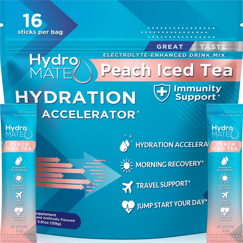 HydroMATE Electrolyte Powder Peach Tea Hydration Packets Lage suiker 16 Tellen