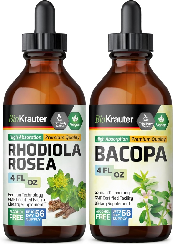 BIO KRAUTER Rhodiola Rosea Tinctuur 4 Fl. Oz. & Bacopa Tinctuur 4 Fl. Oz.