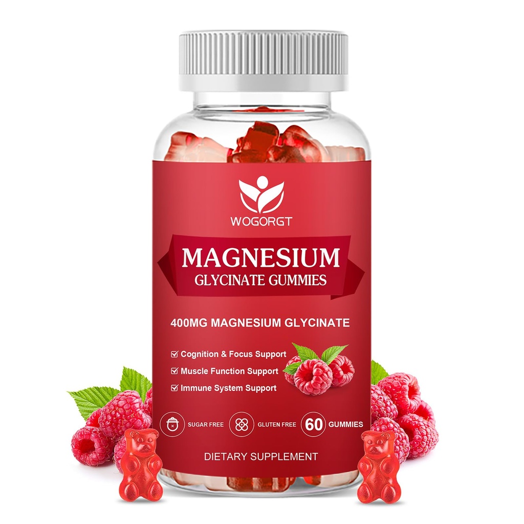 400mg Magnesium Glycinate Gummies met 200mg Magnesium Malate, Vitamine D, B6, en CoQ10, Magnesium Glycinate Supplement voor ontspanning en cognitie, Suikervrij, Raspberry Flavor - 60 Gummies
