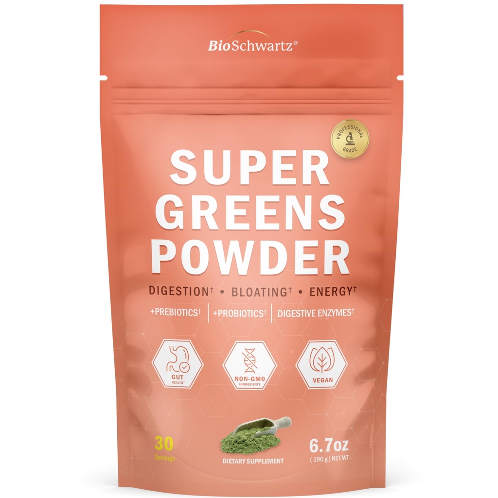 BioSchwartz Greens Powder Super Greens met Probiotica, Prebiotica, Digestieve Enzymen & 43 Green Superfoods - Chlorofyl, Bilberry, Chlorella, Spirulina - Smaakte Amazing - 30 Servings