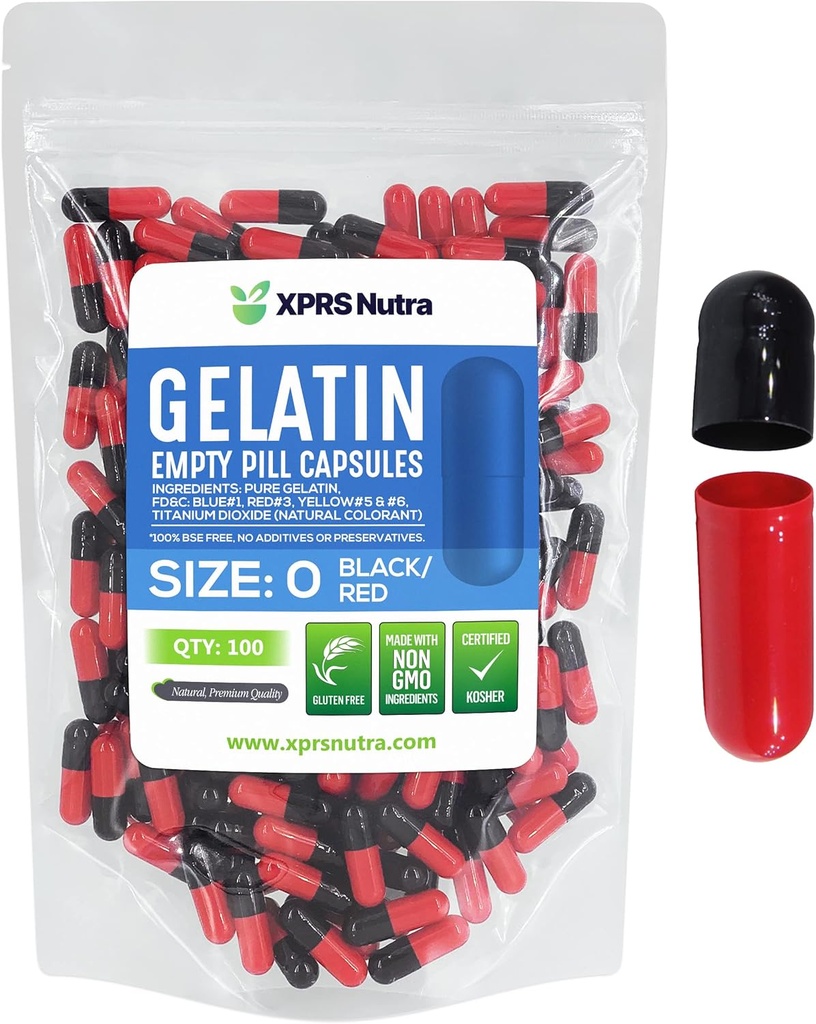 XPRS Nutra Size 0 Empty Capsules - 100 Count Empty Gelatin Capsules - Pills DIY Capsule Filling - Pure Bovine Pill Gel Caps for Do-It-Yourself Supplements (Black/Red)