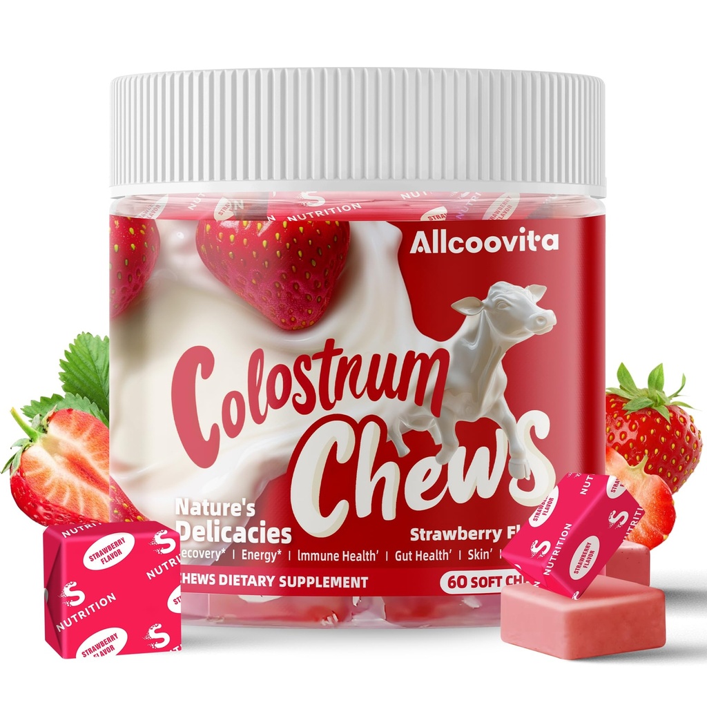 Bovine Colostrum Kauwen Supplement met probiotica voor Gut Health, Bloating, Immune Support, Huid, Haargroei en Schoonheid - Aardbei Smaak (60 Servers)