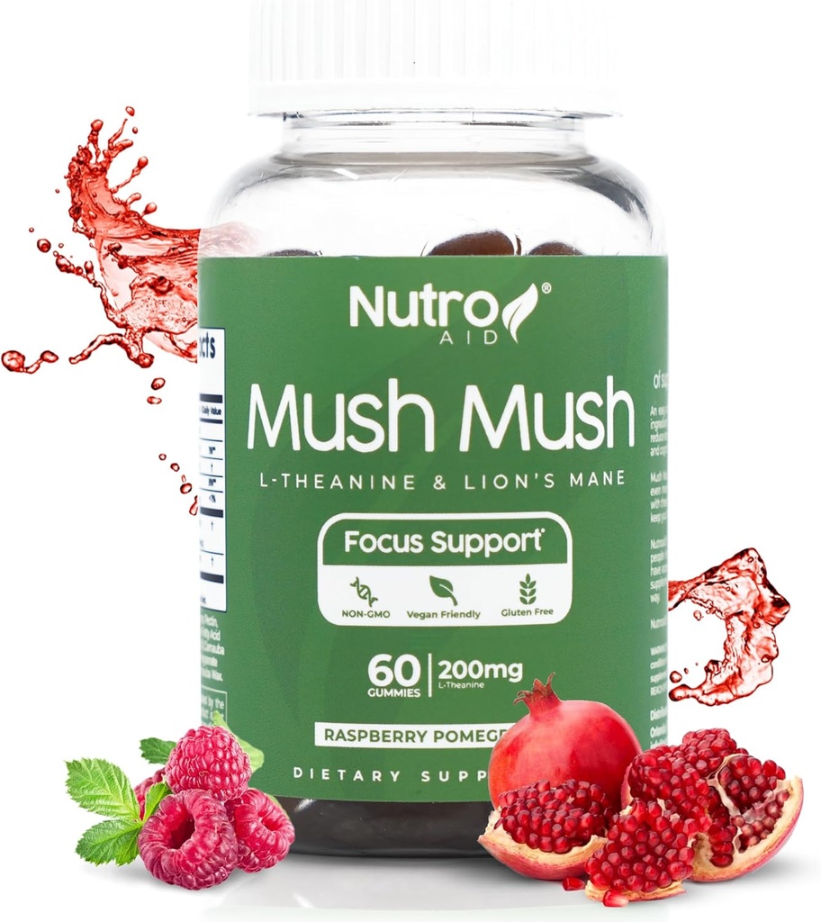 Leeuwen Mane supplement - Paddestoelen Gummies - Mush Mush Genius Paddenstoelen Magic Mind - Promoot Focus met L-Theanine & Lions Mane - Raspberry & granaatappel smaak voor Perk Energy - 60 Gummies