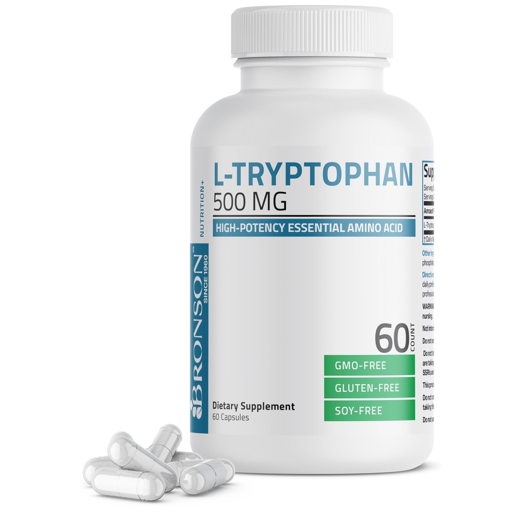 Bronson L-Tryptofaan 500 MG Hoge Potentie Essentiële Aminozuur Ondersteunt Ontspanning en Positieve Goede Ondersteuning Niet-GMO, 60 Capsules