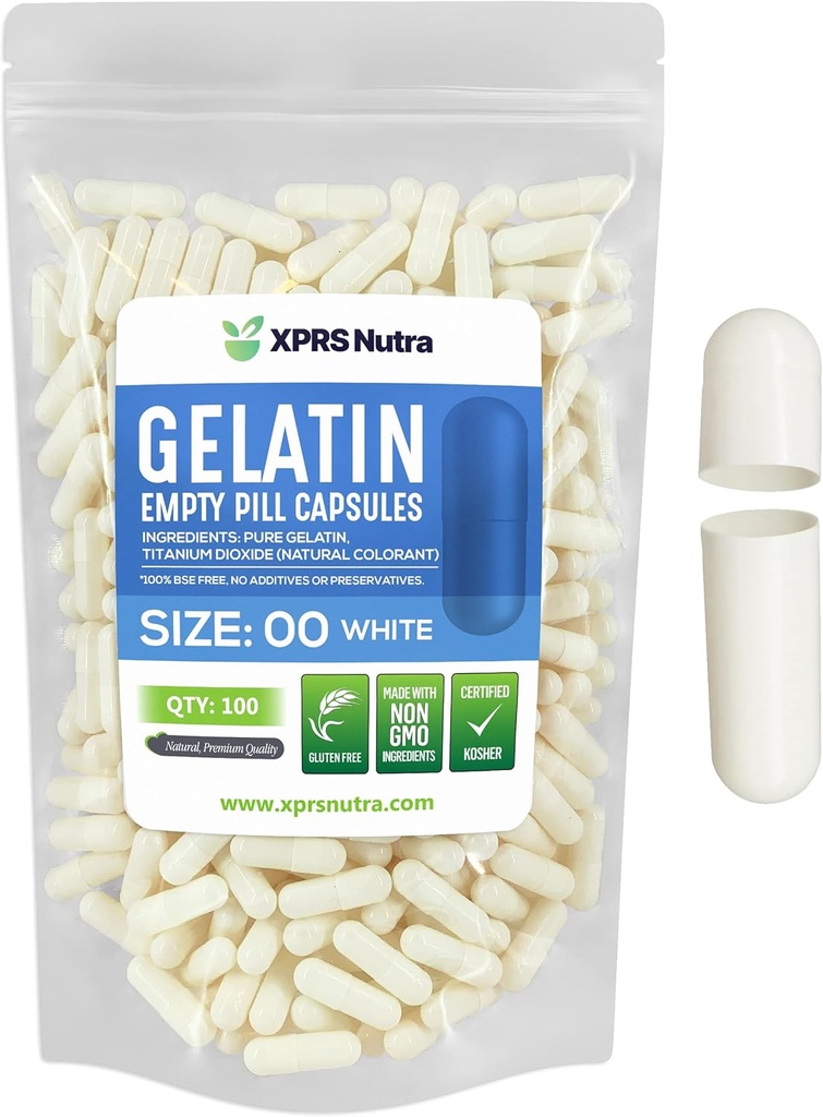 XPRS Nutra Size 00 Empty Capsules - 100 Count Empty Gelatin Capsules - DIY Capsule Filling - Fillable Pill Gel Caps for Do-It-Yourself Supplements (White)